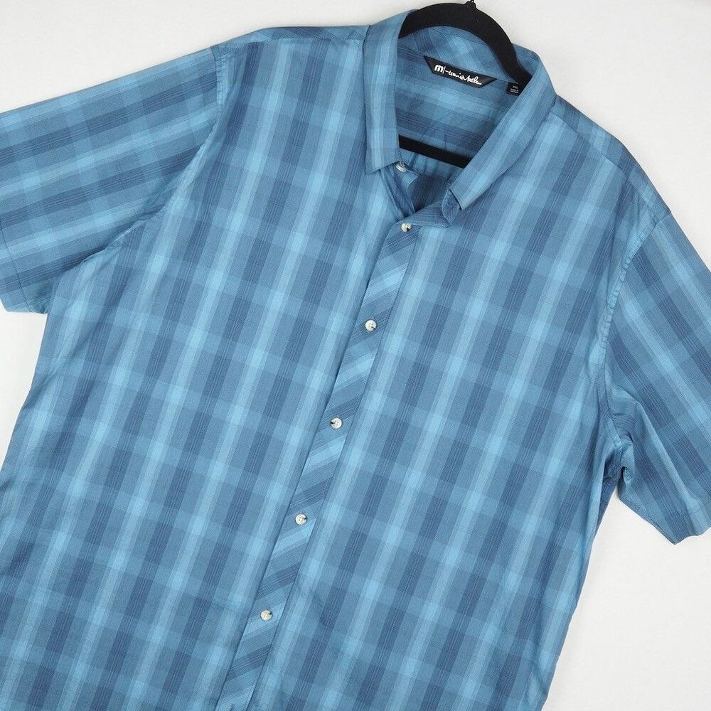 Travis Mathew Short Sleeve Button Up Men’s XXL Blue Plaid Cotton Stretch Tech